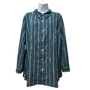 Susan Graver Navy Green Stripe Button Front Blouse LP Collared Stretch Top